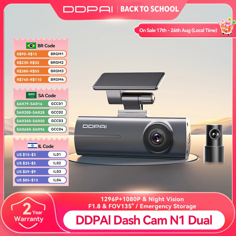 DDPAI N1 Dual Dash Cam – 1296P Front & Rear NightVIS Car DVR with App Control