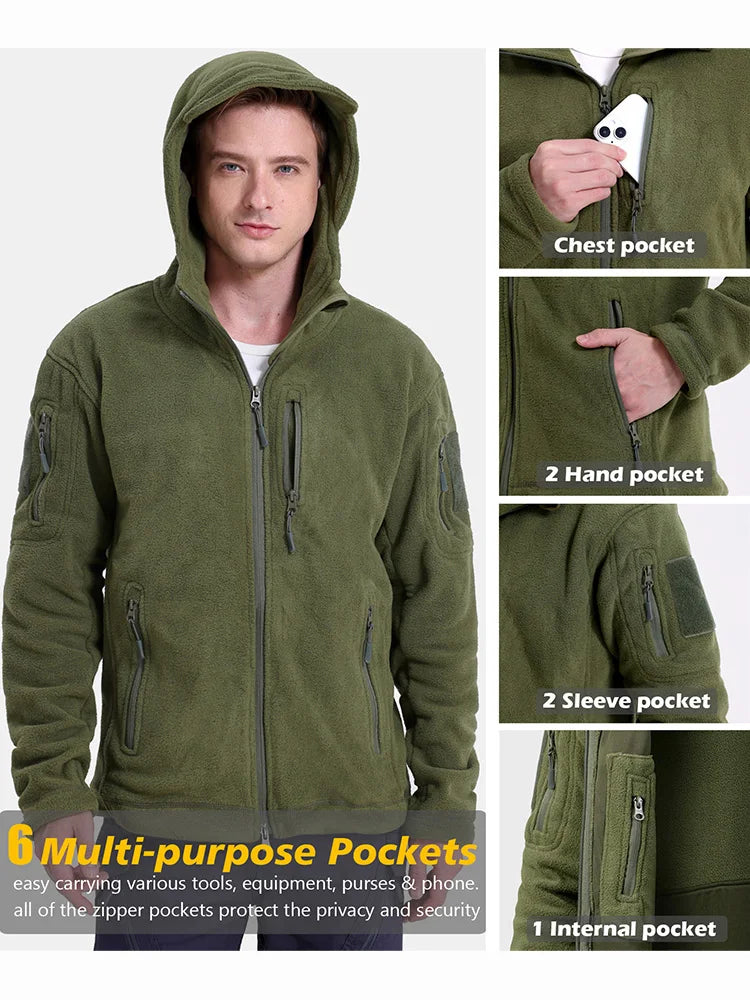 Men's Tactical Fleece Jacket – Full Zip Military Hoodie with Multi-Pockets for Hiking & Hunting