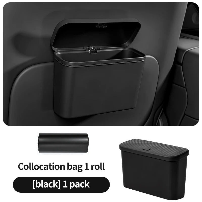Black car trash can with lid and additional black trash bag displayed below.