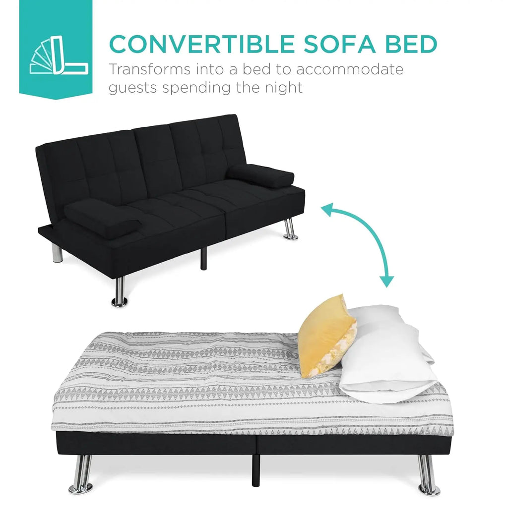 Sit, Recline, Sleep — Modern Linen Folding Futon Sofa Bed | 3 Positions, 2 Cupholders, Removable Armrests, 500 lb Capacity