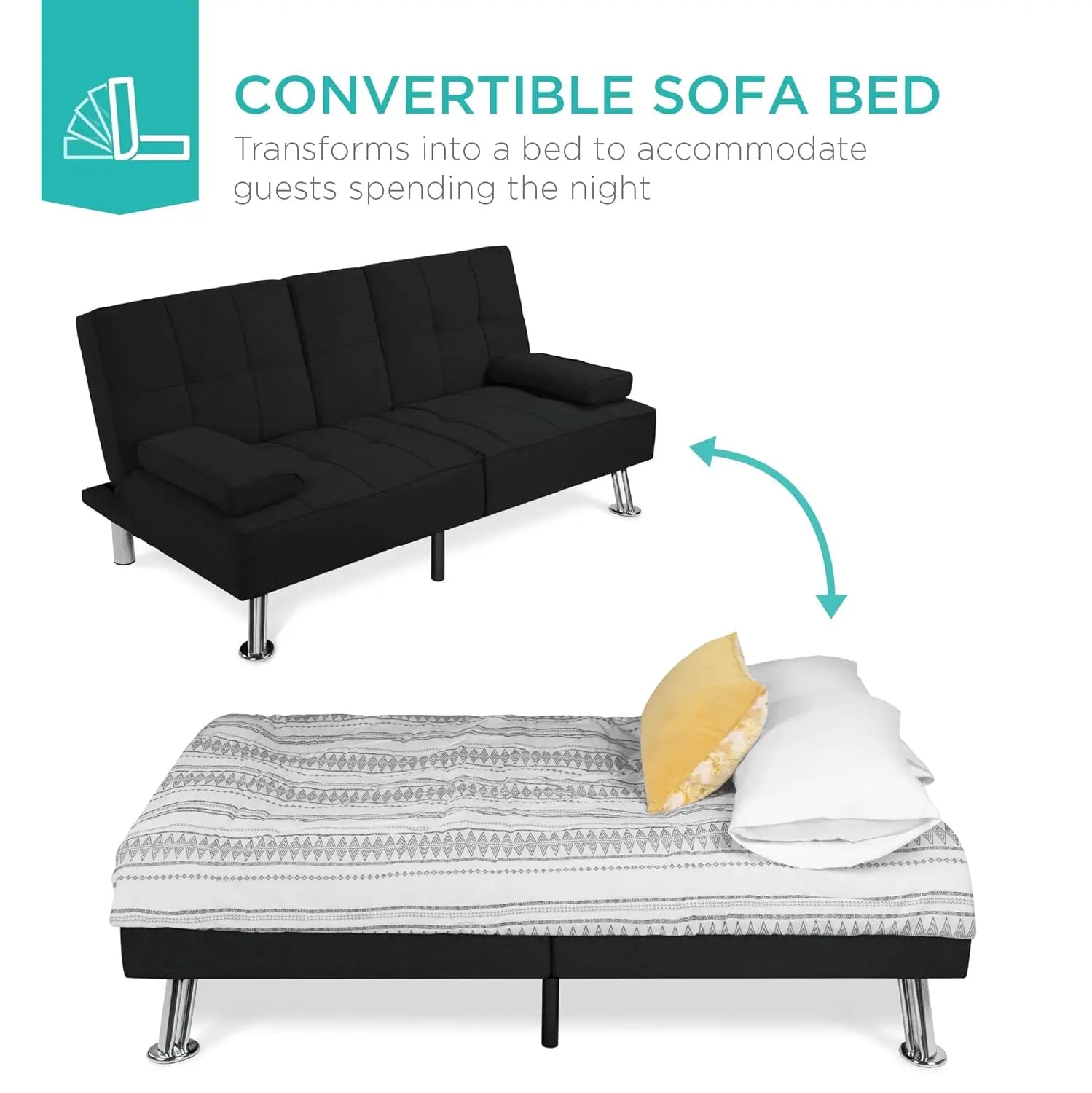 Sit, Recline, Sleep — Modern Linen Folding Futon Sofa Bed | 3 Positions, 2 Cupholders, Removable Armrests, 500 lb Capacity