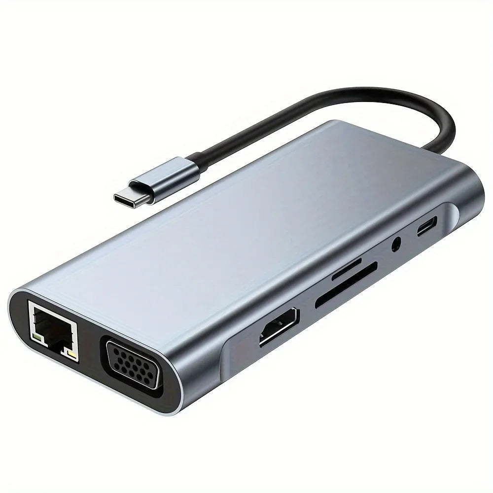 10-in-1 USB-C Hub — 4K HDMI, 100W PD Charging, USB 3.0, SD/TF Card Reader, RJ45 Ethernet