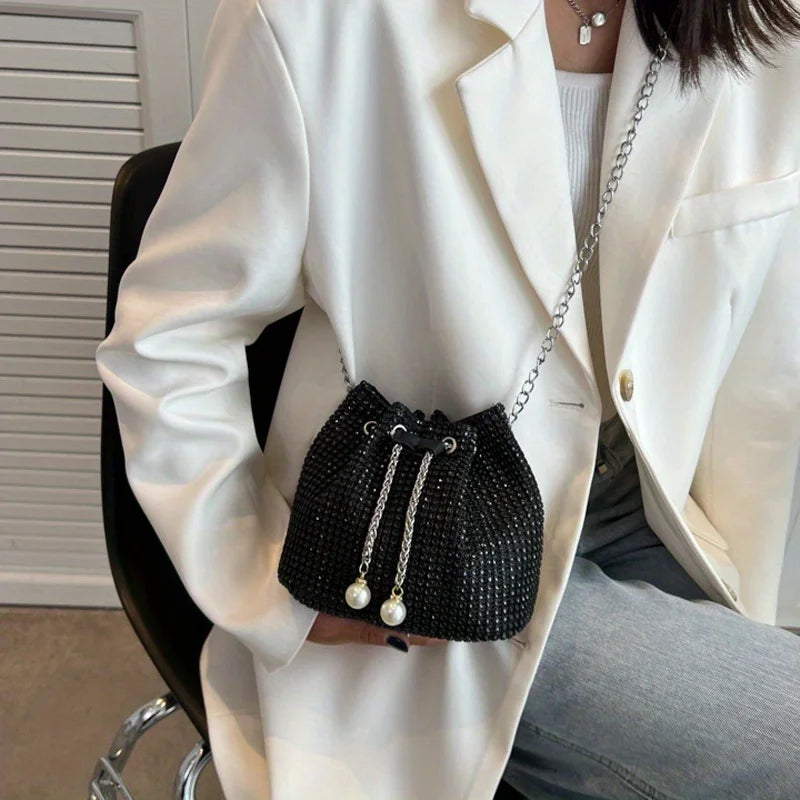 Rhinestone Drawstring Crossbody Bucket Bag – Formal Handbag for Women