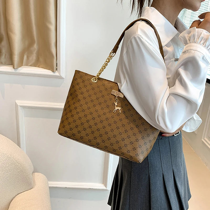 Soft Leather Large Capacity Tote Bag – Women's Shoulder Bag with Hanging Accessories
