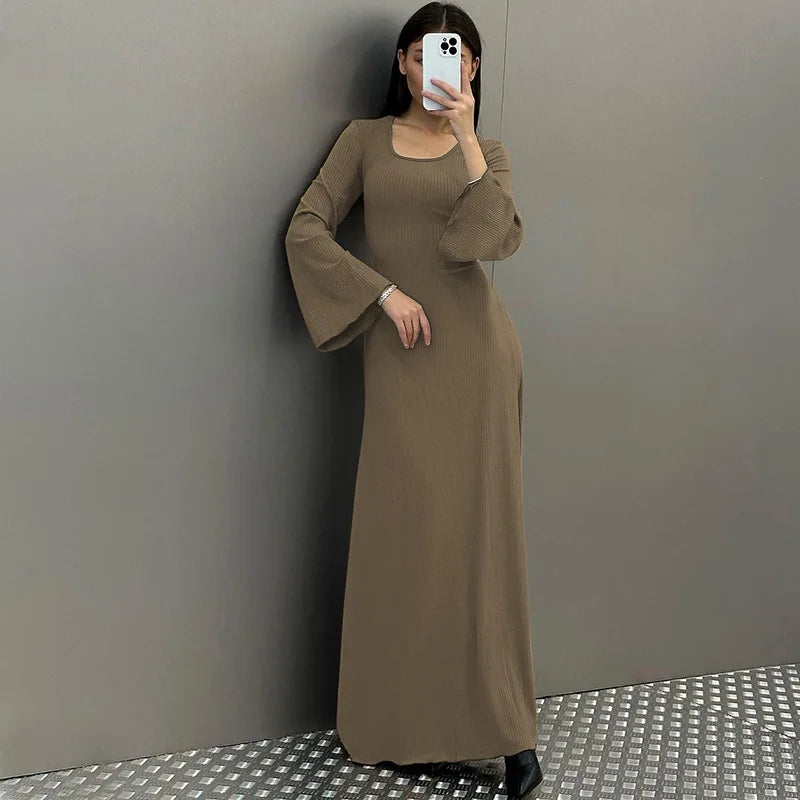Long Flare Sleeve Maxi Dress — Slim Lace-Up Floor-Length Casual Office Dress