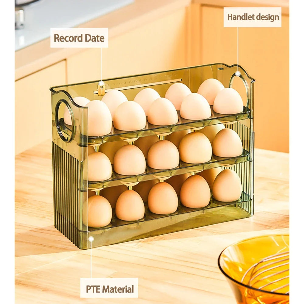 3-Layer Flip Egg Storage Box for Refrigerator – Holds 30 Eggs, Space-Saving Fridge Door Organizer