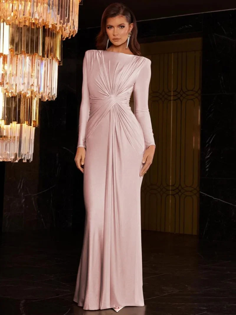 Women's Elegant Wedding Party Dress Female Clothing O-neck Long Sleeve Ruched High Waist Bodycon Long Maxi Evening Prom Dresses