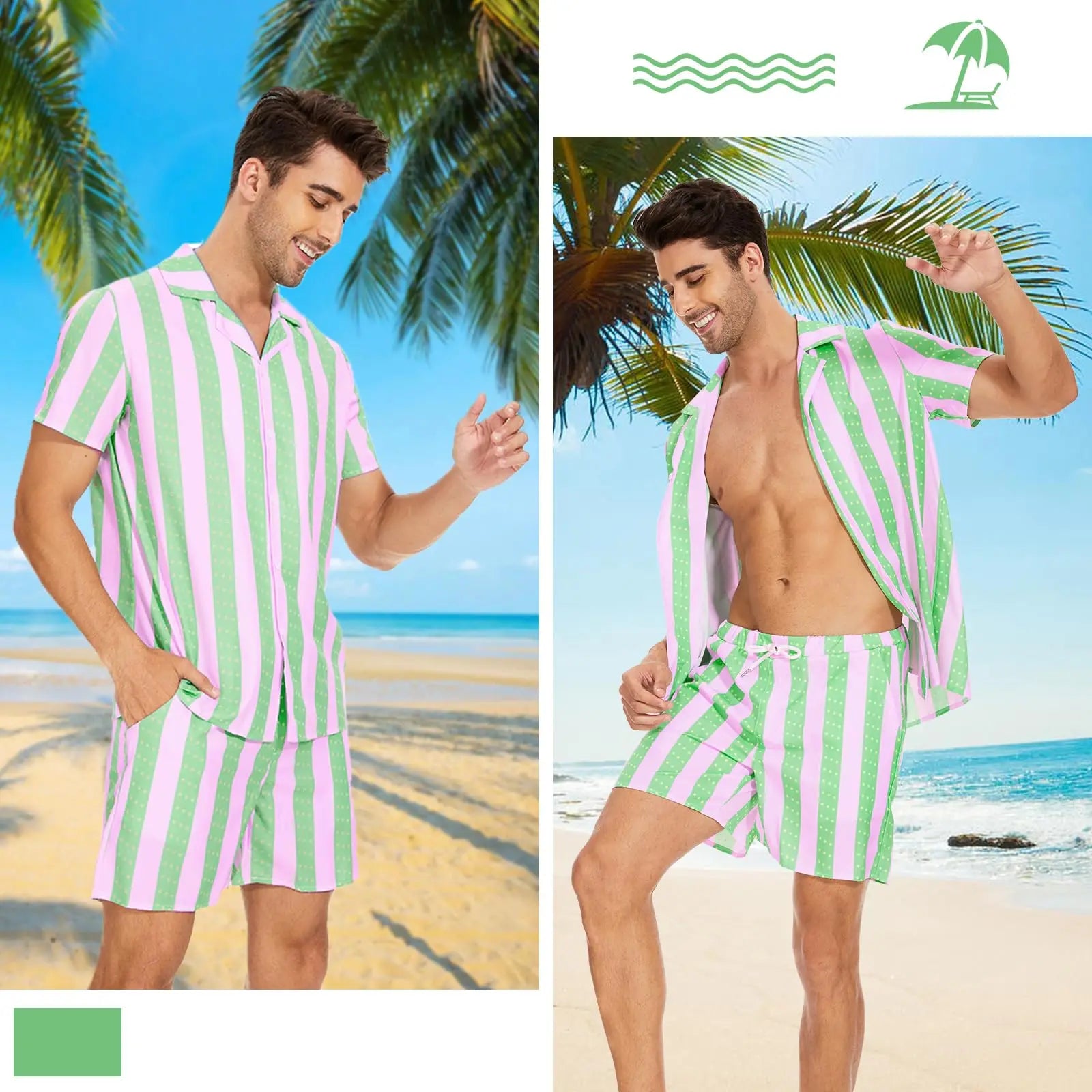 Men's Hawaiian Paisley Print Shirt & Drawstring Shorts Beach Party Set