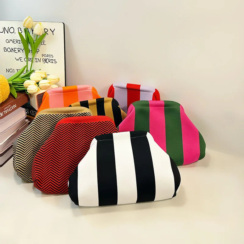 Woven Crochet Cotton Clutch Bag – Colorblock Knit Dumpling Cloud Purse for Women