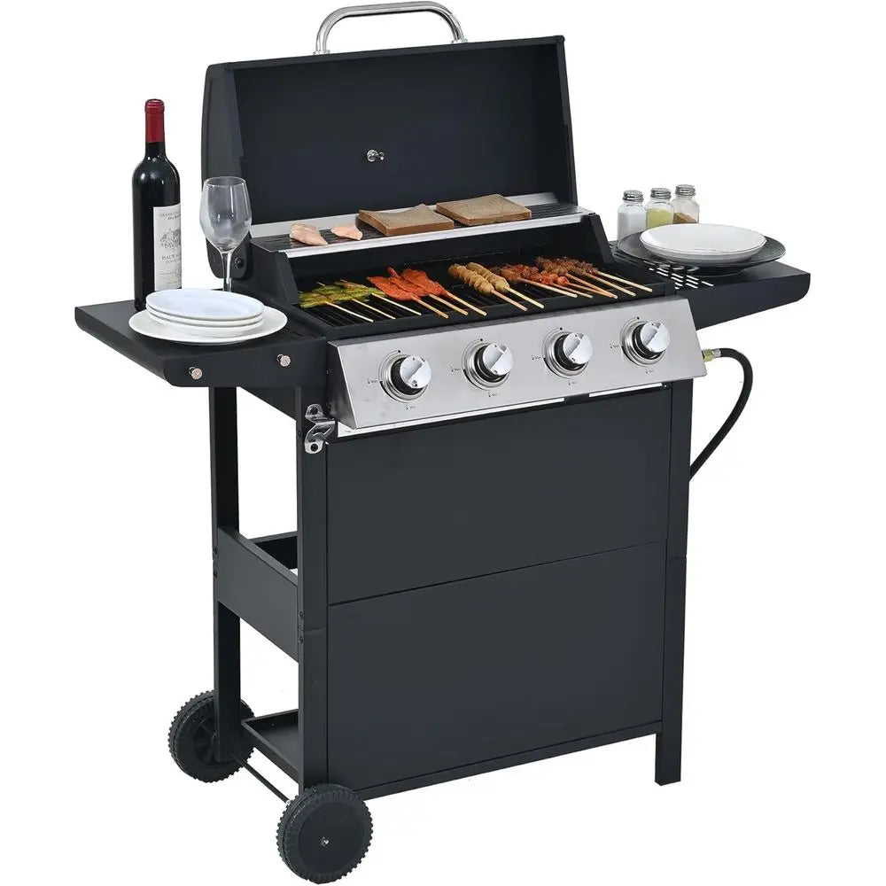 Portable 34,000 BTU 4-Burner Stainless Steel Gas Grill | Heat-Resistant Handle, Removable Grease Tray, Outdoor Patio, Backyard & Camping