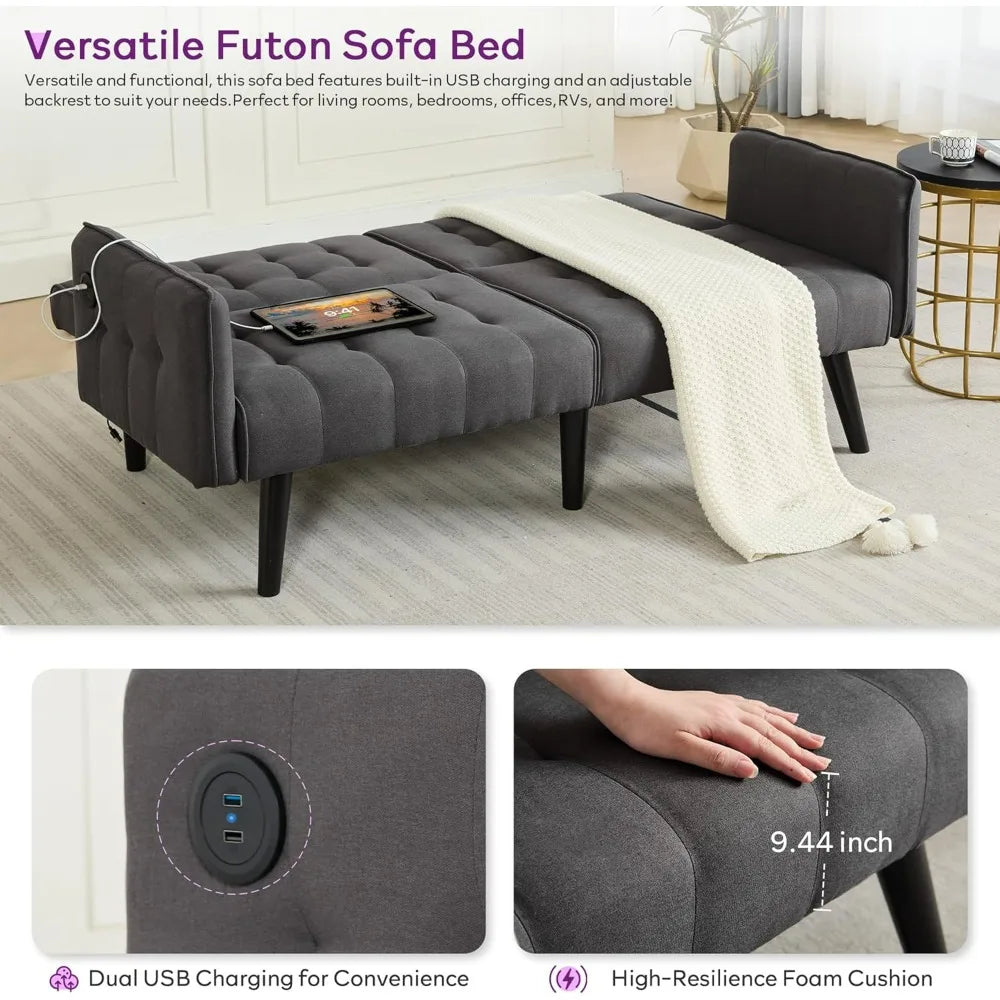 Sofa, Bed & Charging Station in One — TYBOATLE 65" Futon Sofa Bed | 2 USB Ports, Tufted Linen, Adjustable Loveseat for Small Spaces