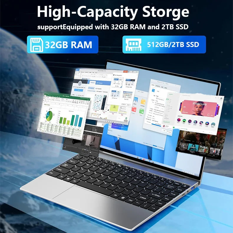 14.1" Intel i7-8650U Business Gaming Laptop – Up to 32GB DDR4, 2TB SSD, Wi-Fi 6, Windows 11 Pro