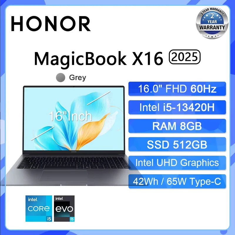 HONOR MagicBook X16 2025 – 16" FHD IPS, Intel 13th Gen i5 or i7, Up to 16GB LPDDR4x, 1TB SSD, Wi-Fi 6