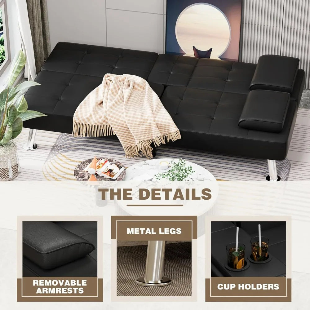 Leather Futon Sofa Bed with Detachable Armrests & Cup Holders