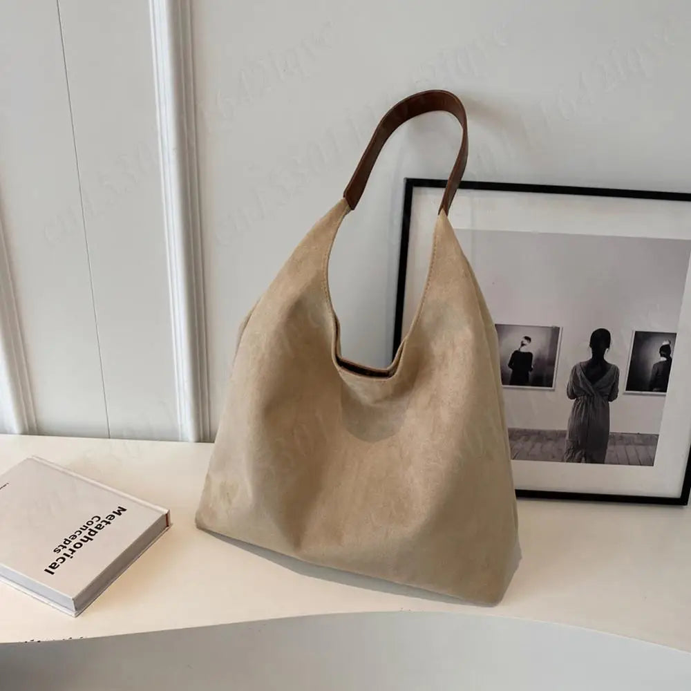 Vintage Suede Large Capacity Shoulder Tote Bag – Stylish Commuter Hobo Handbag for Women