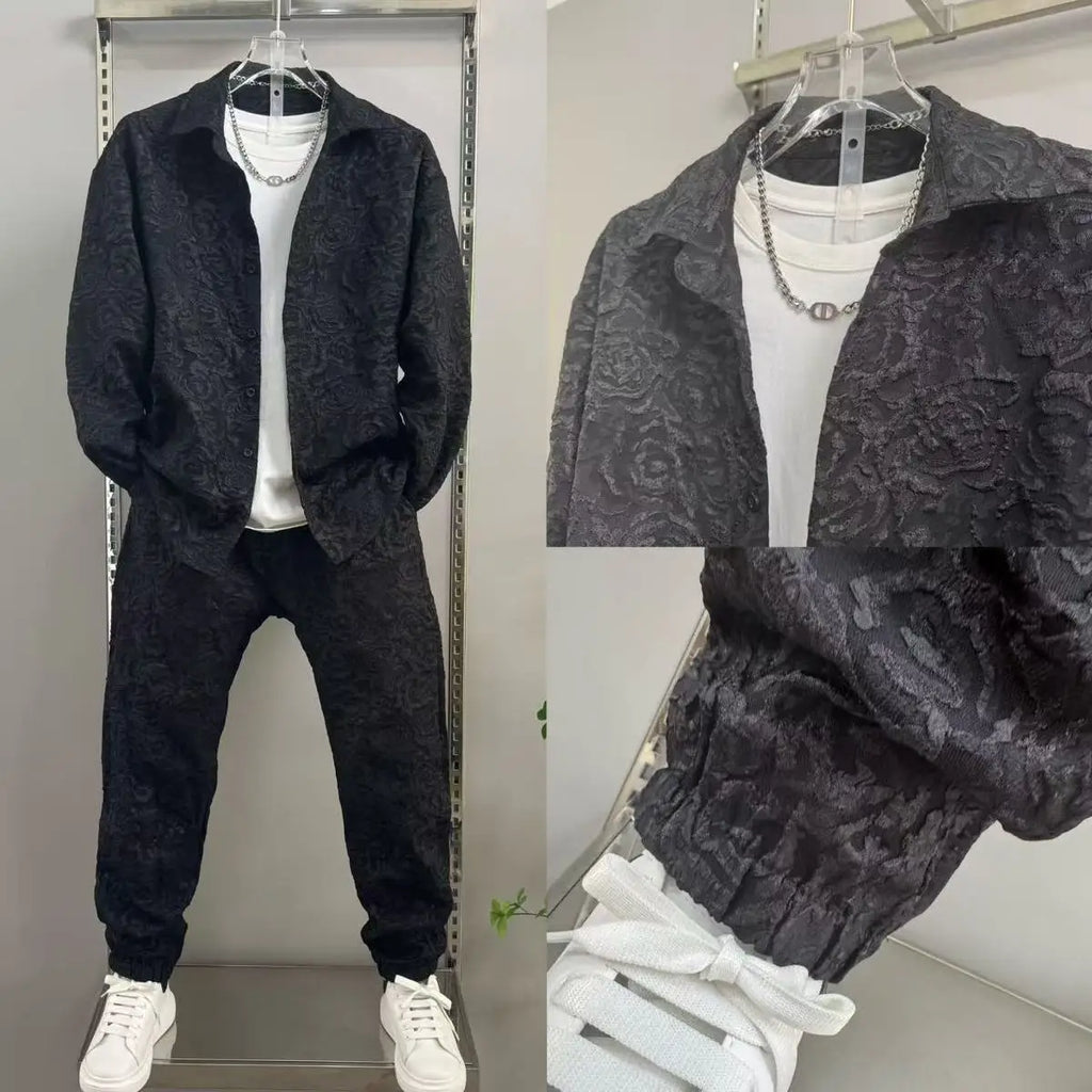 Men's Sporty Lapel Jacquard Long Sleeve Shirt & Pants 2-Piece Set – Spring Autumn Fashion