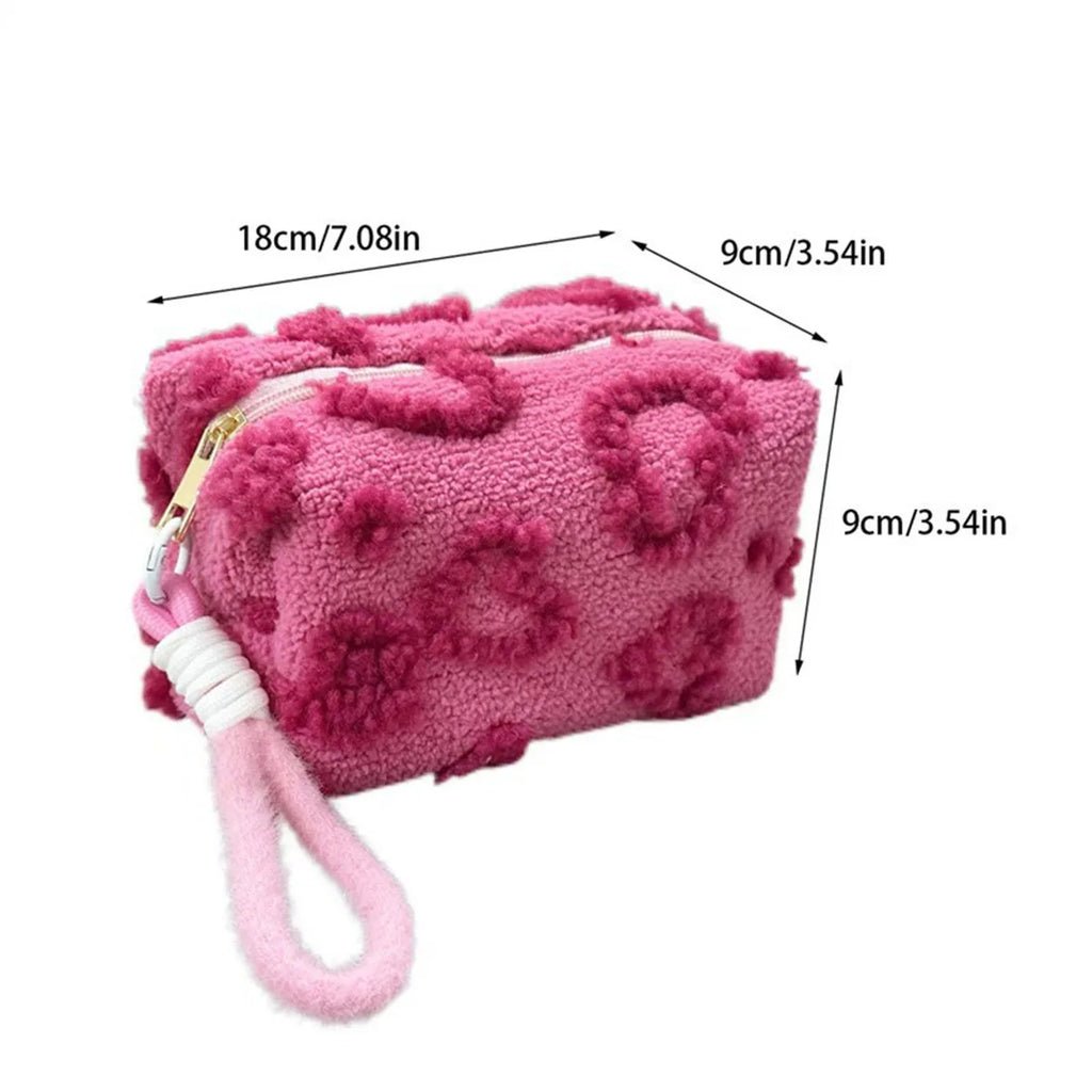 Plush Makeup Bag with Handle – Soft Love Print Travel Cosmetic Organizer & Pencil Case Clutch