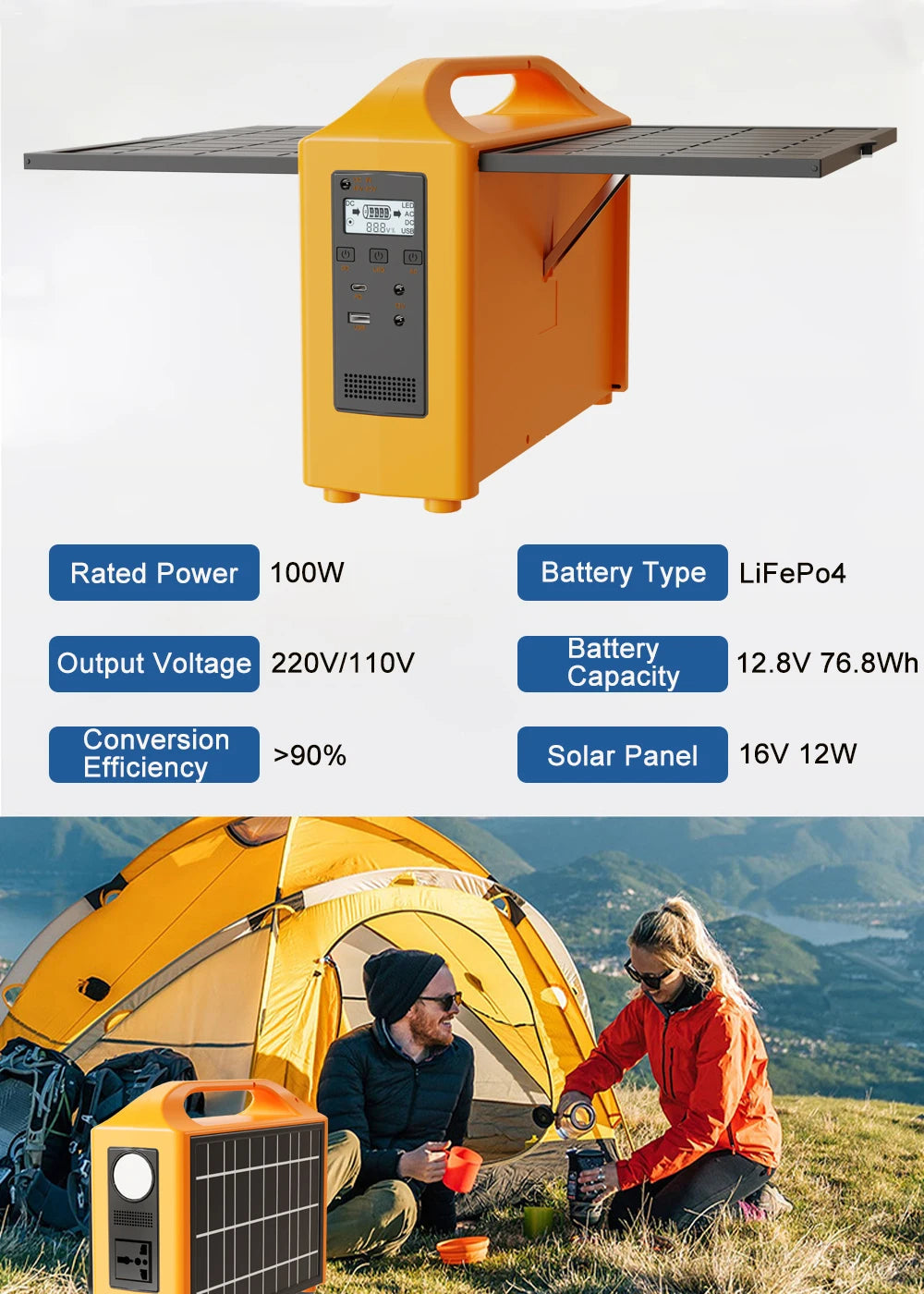 jsdsolar 100W Portable Solar Power Station — AC 110V/220V LiFePO4 Power Bank UPS for Camping & Outdoor