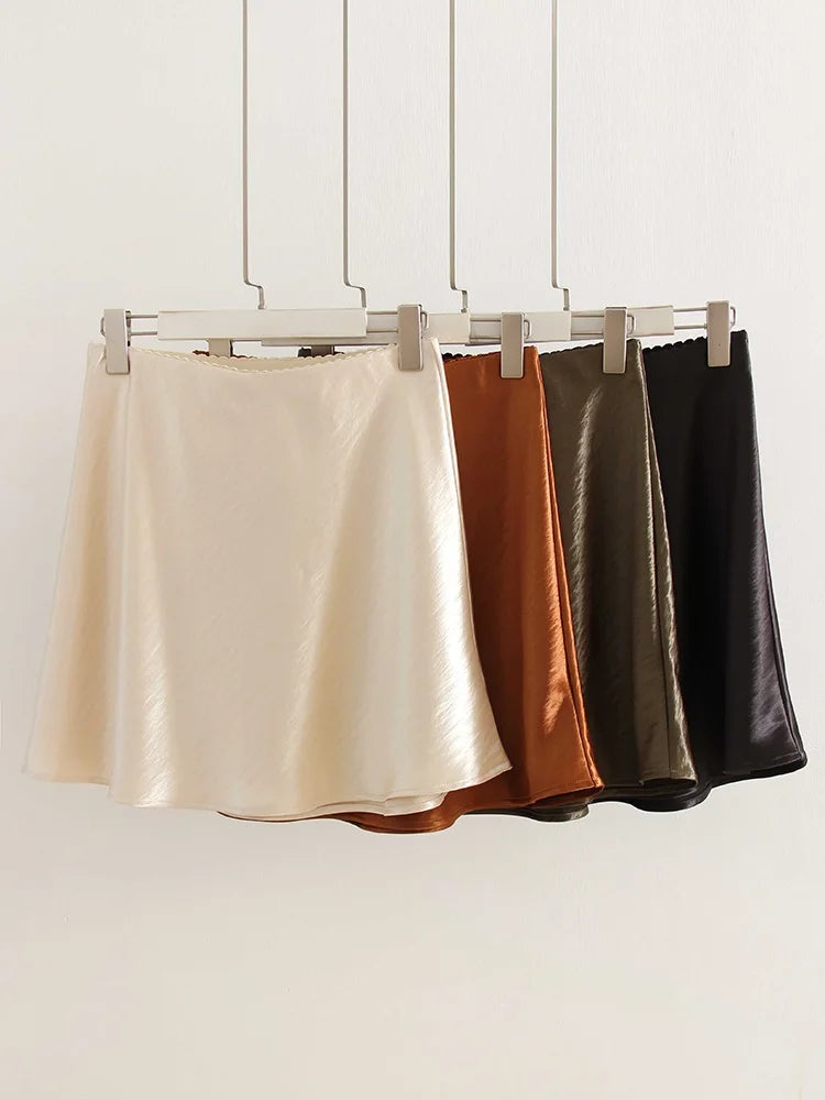 Women's Satin Mini Skirt – High Waist A-Line Luxury Office Wear in Black, Brown & Beige