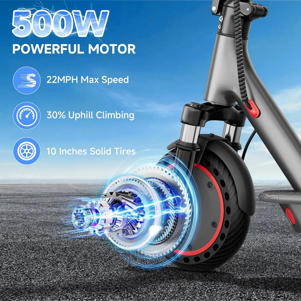500W electric scooter motor with 22 MPH maximum speed and 10-inch solid tires.
