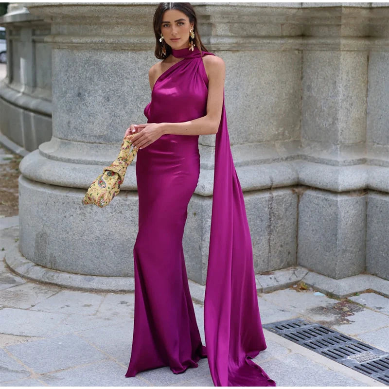 Sexy Satin Halter Backless Party Dress – Off Shoulder Sleeveless Solid Robe Gown 2026