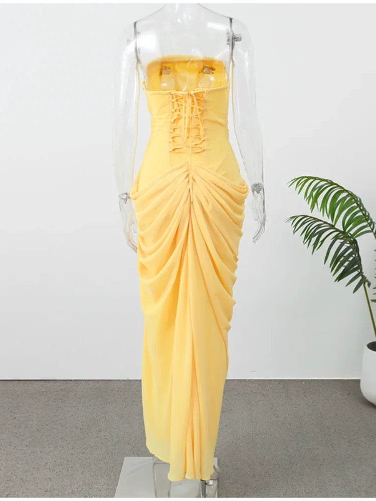 Sexy Strapless Pleated Maxi Dress – Off-Shoulder Backless High Waist Split Evening Party Gown