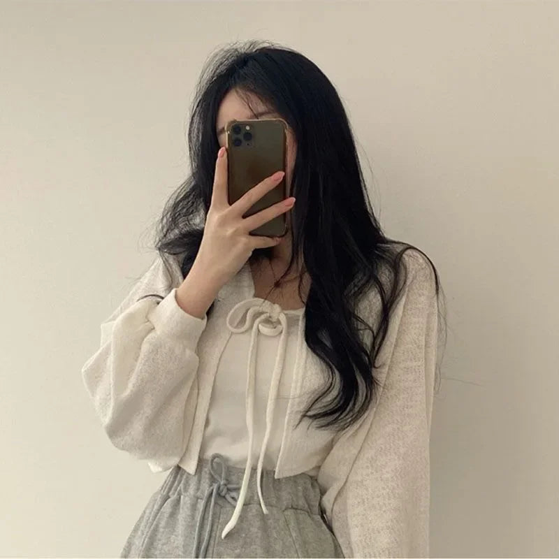 Women's Knitted Cardigan – Thin Lace-Up Lantern Sleeve Short Coat in White, Black & Gray