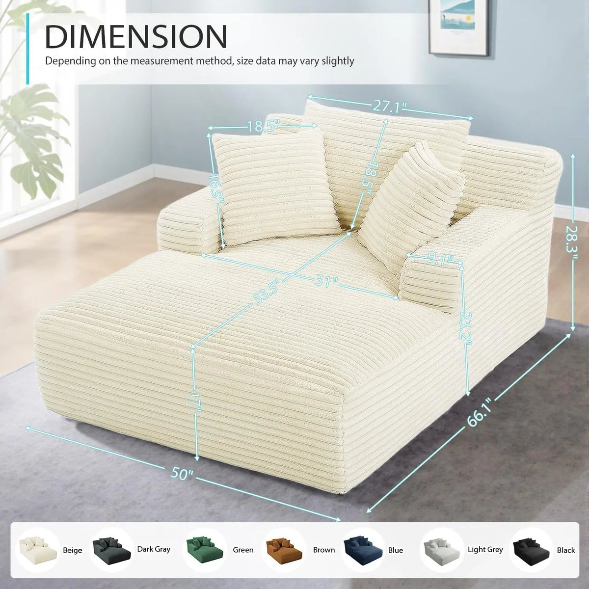 50-Inch Beige Corduroy Sleeper Chaise Lounge