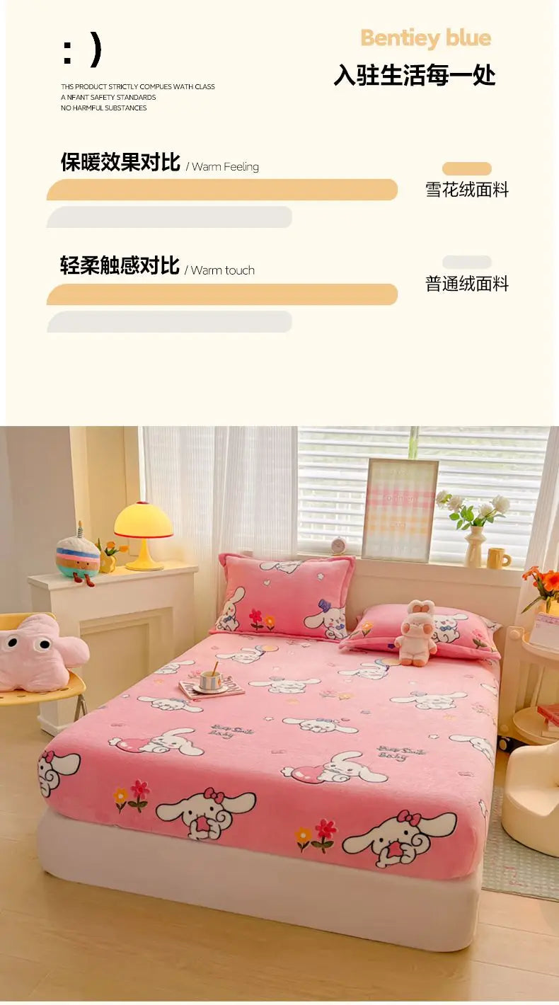Flannel Fleece Fitted Bed Sheet – Warm Cartoon Purple, Elastic Single to King, Winter Bedsheet