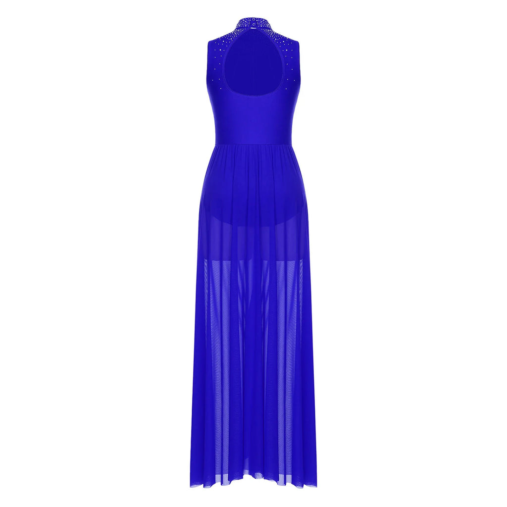 Rhinestone Maxi Sleeveless Contemporary Dance Dress — Mock Neck Wide Hemline Lyrical Leotard