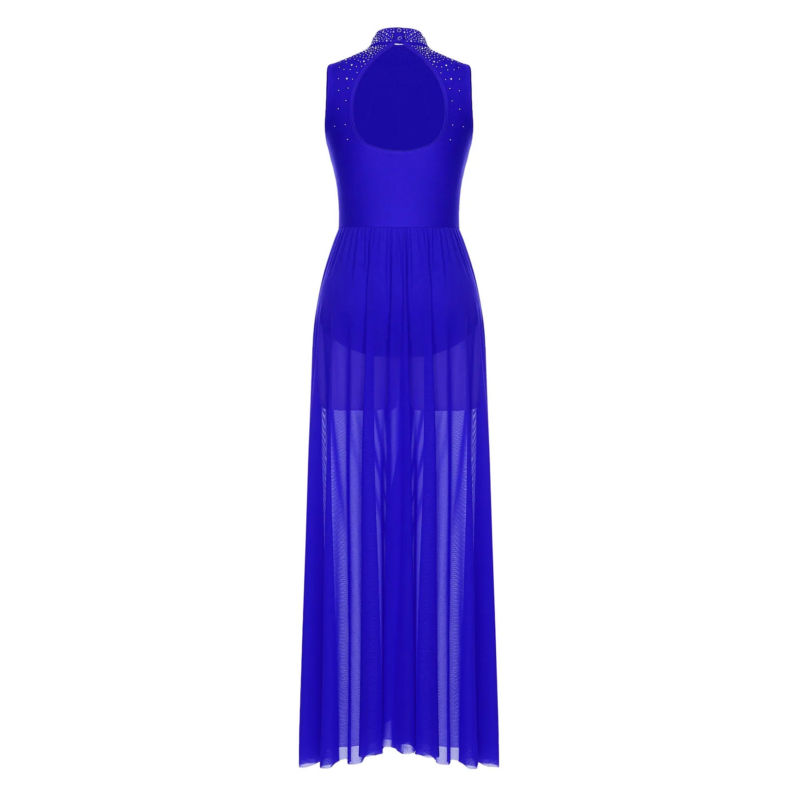 Rhinestone Maxi Sleeveless Contemporary Dance Dress — Mock Neck Wide Hemline Lyrical Leotard