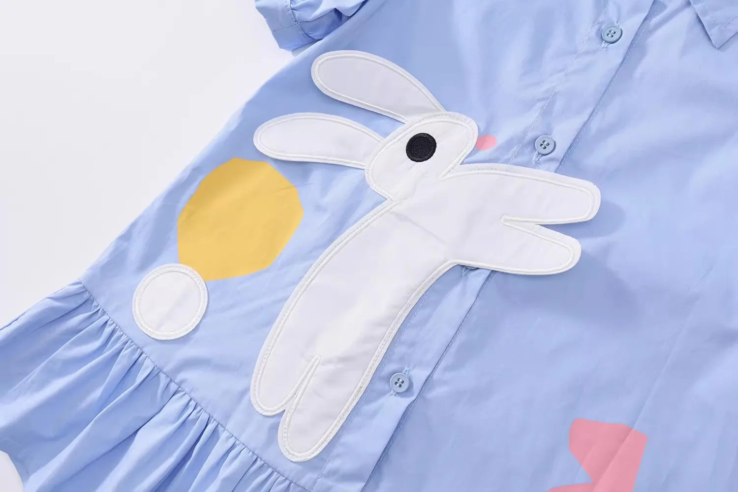 Rabbit Cartoon Shirt Dress for Girls — Short Sleeve Blue Casual Dress