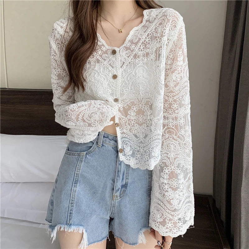 Women's Vintage Sheer Lace Blouse – Long Sleeve See-Through Sun Shirt Korean Style Casual Top