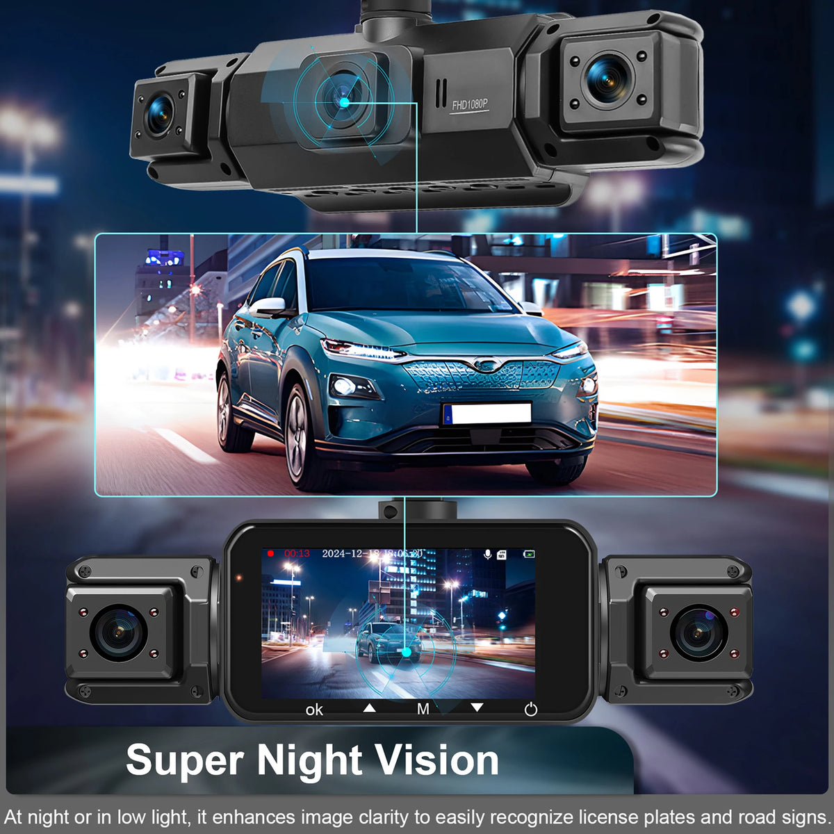 4-Channel WiFi Dashcam – FHD 1080P, Night Vision, Loop Recording, Parking Monitor | Front + Rear + Side