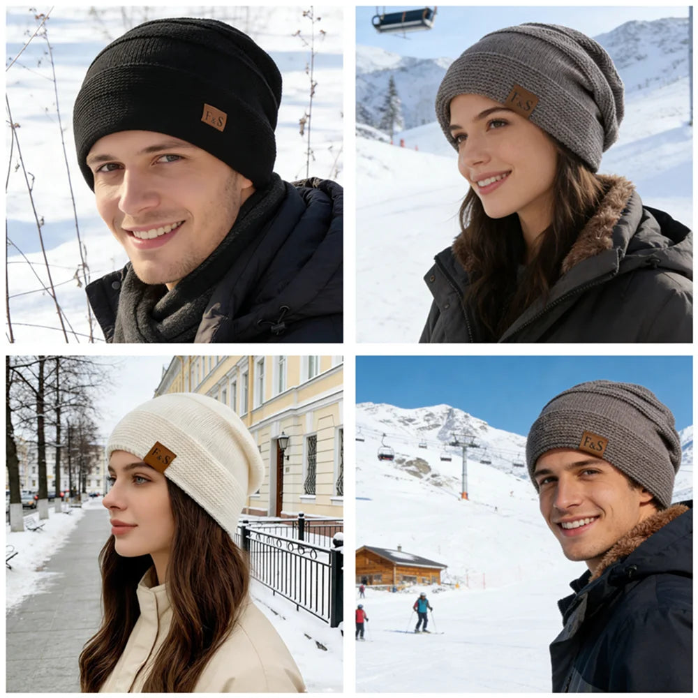 Unisex Slouchy Fur Lined Winter Beanie Hat — Warm Label Decor Knitted Cap for Men & Women