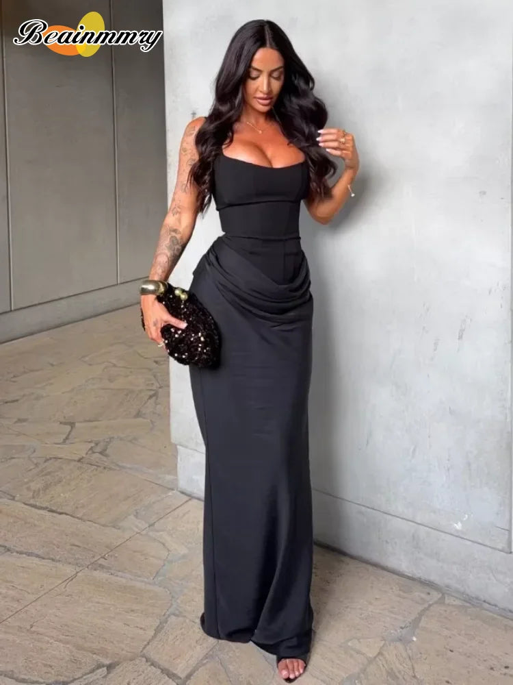 Brown Square-Neck Pleated Mini Dress — Sleeveless Backless Bodycon Club Dress