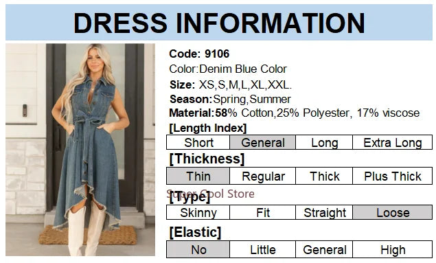 Sleeveless Denim A-Line Midi Dress — Lace-Up Irregular Tunic Dress for Women