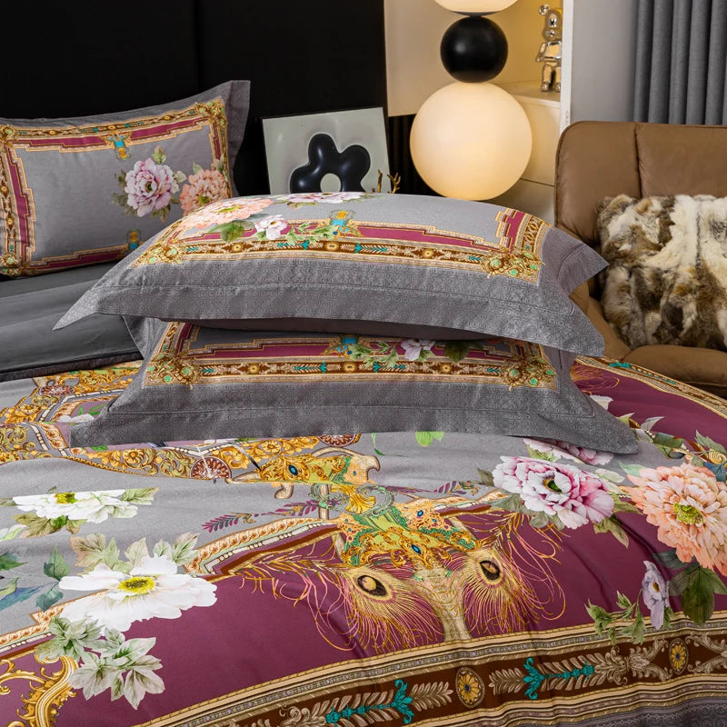 600TC Egyptian Cotton Bedding Set – Birds & Flowers Leaf Print, 16 Colors, Queen to US King