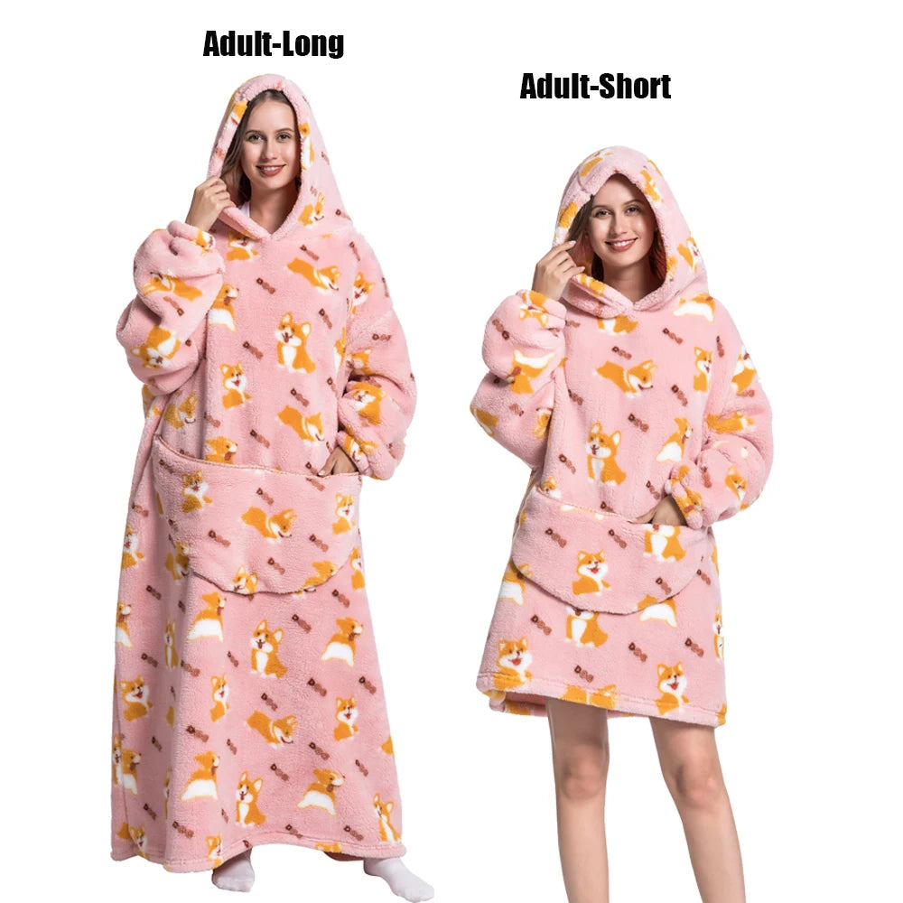 Oversized Wearable Blanket Hoodie – Plush Fleece with Sleeves, Hood & Pocket, 40 Designs
