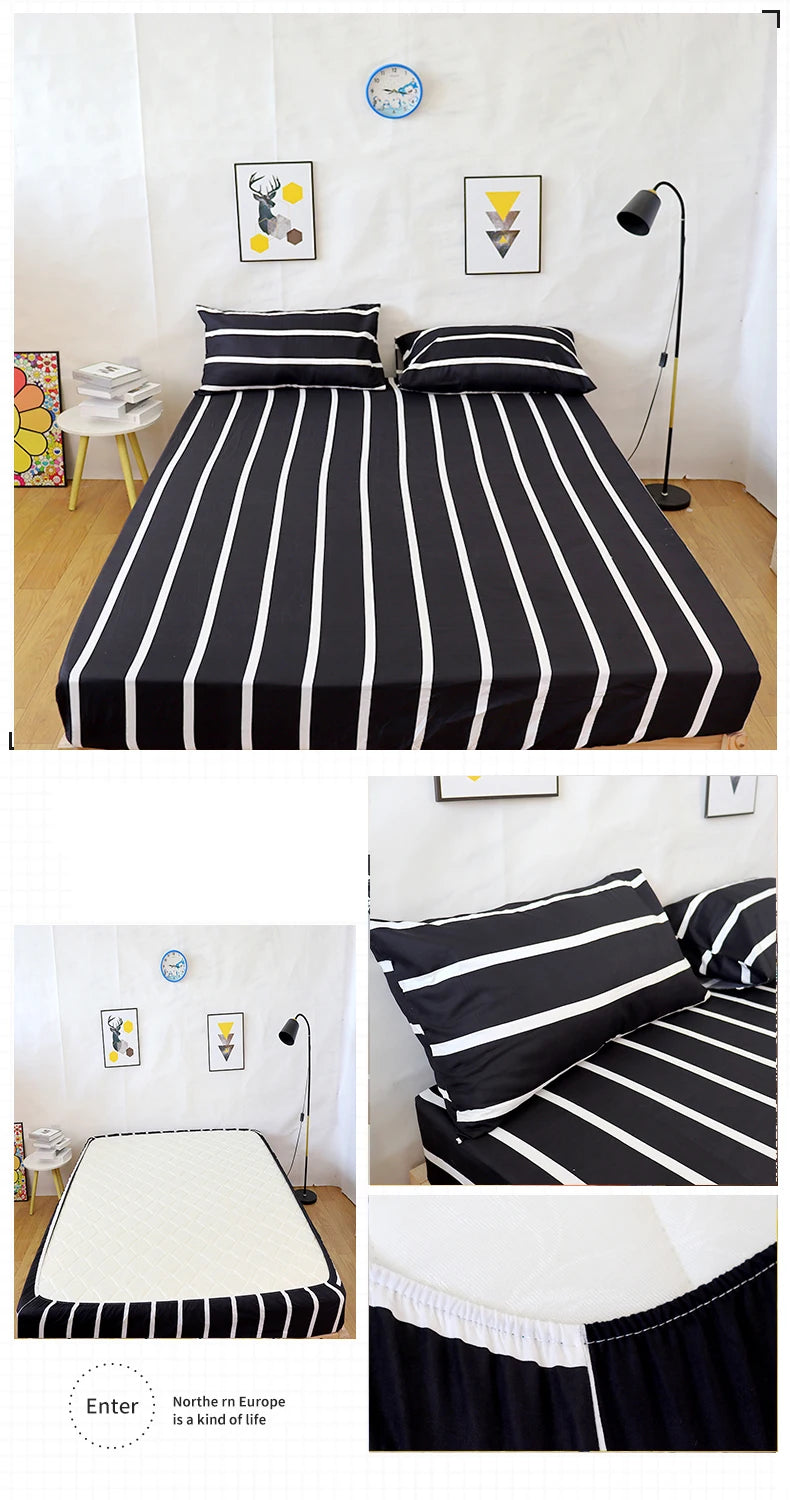 Marble Print Fitted Bed Sheet – Elastic Band, Single to King, All-Around Bed Cover
