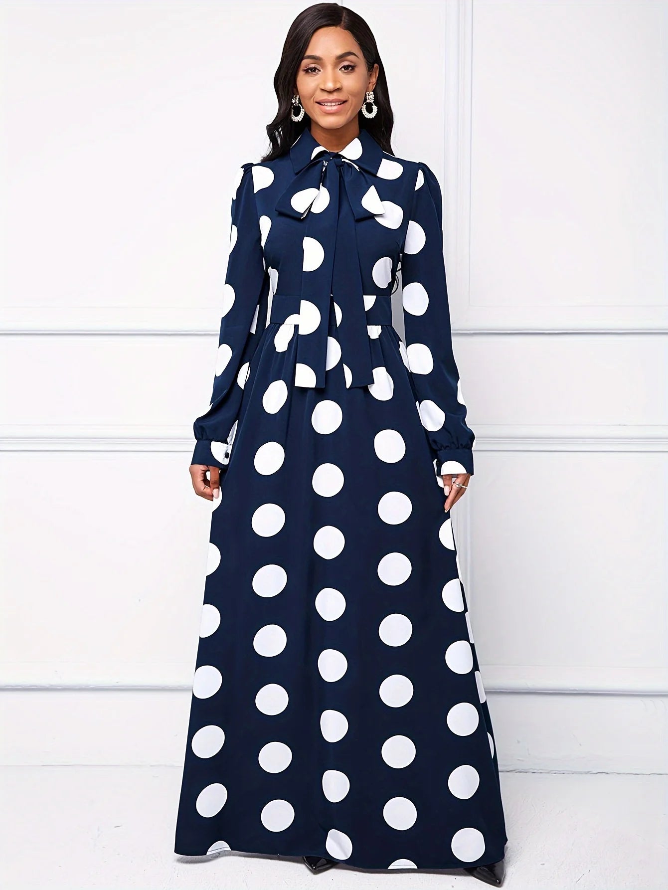 Bow Knot Polka Dot Maxi Dress — Long Sleeve Elegant Casual Lady Dress