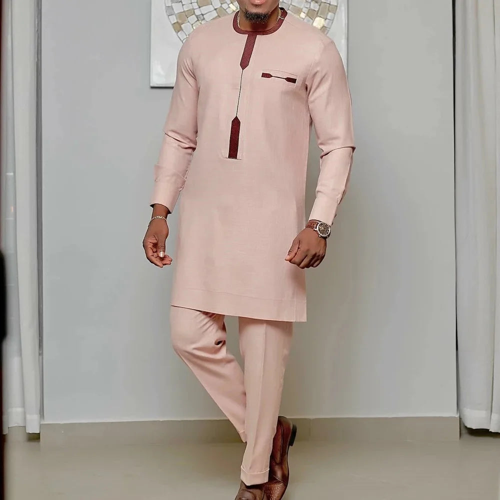 Men's African Kaunda Kaftan Long Sleeve Top & Pants 2-Piece Suit – Traditional Ethnic Wear