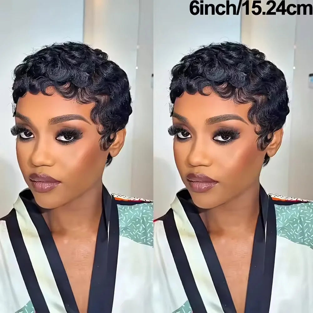 Women's Human Hair Pixie Cut Wig full machine made - Short Layered Curly with Bangs, Natural Black 250% Density