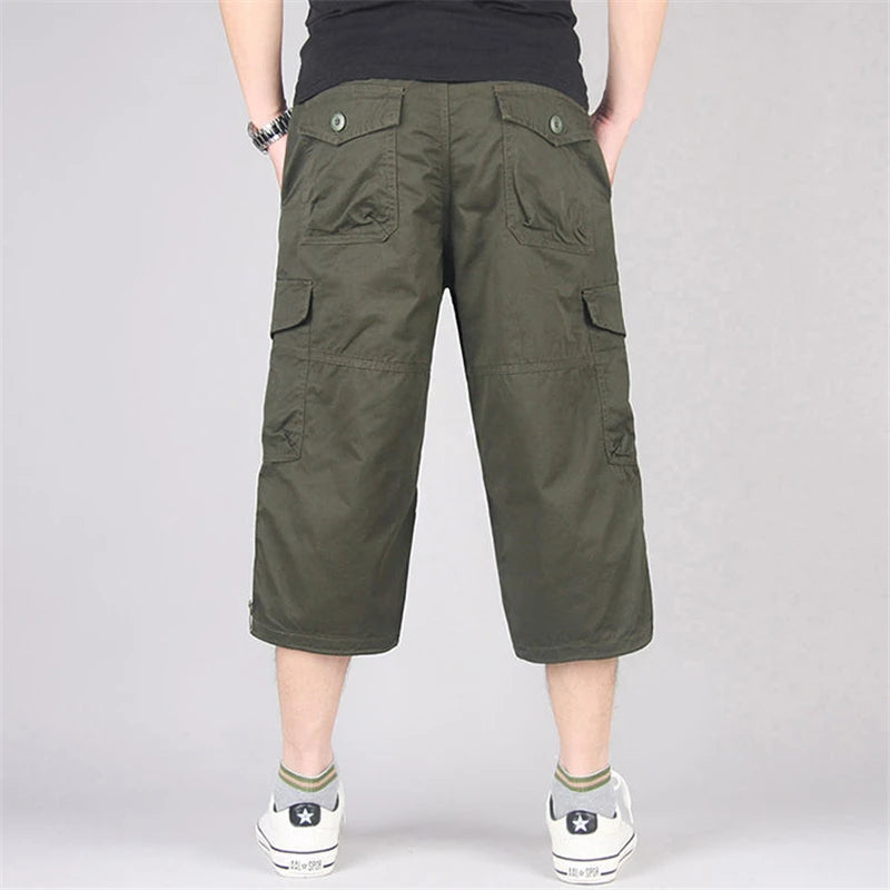 Men's Long Cargo Shorts — Multi-Pocket Military Tactical Cotton Capri Pants