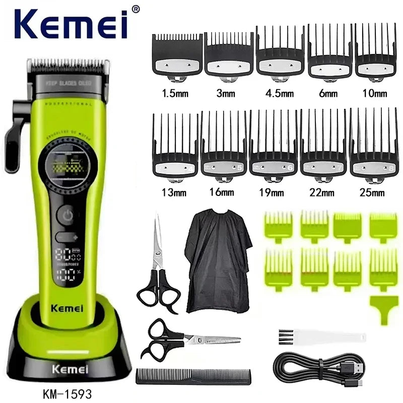 Kemei KM-1593 / KM-1595 Brushless Hair Clipper – DLC Blade, 8000 RPM, 200-Min Runtime, USB-C