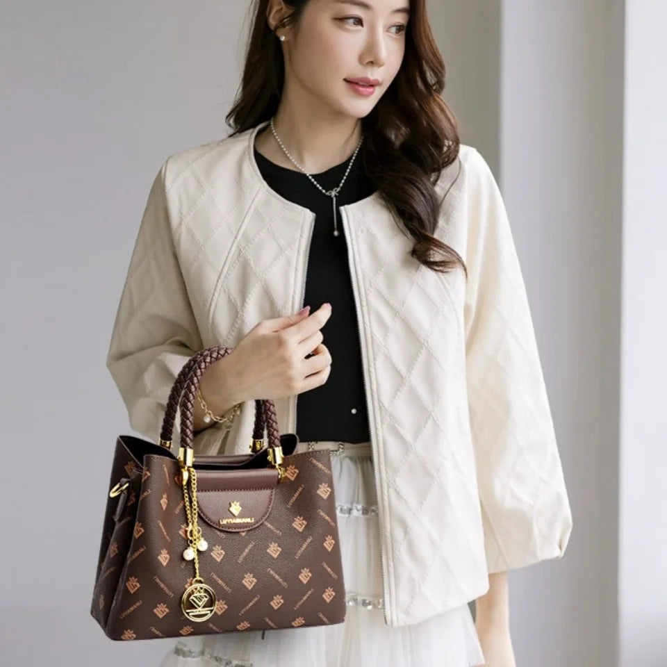 VANDERWAH Woven Handle Alligator Microfiber Leather Tote – Luxury Designer Shoulder Handbag for Women