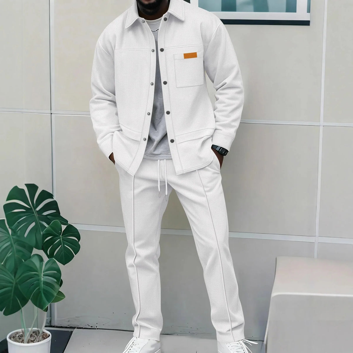 Men's Waffle Knit Button-Down Long Sleeve Jacket & Pants Set – Plain Color Casual Suit