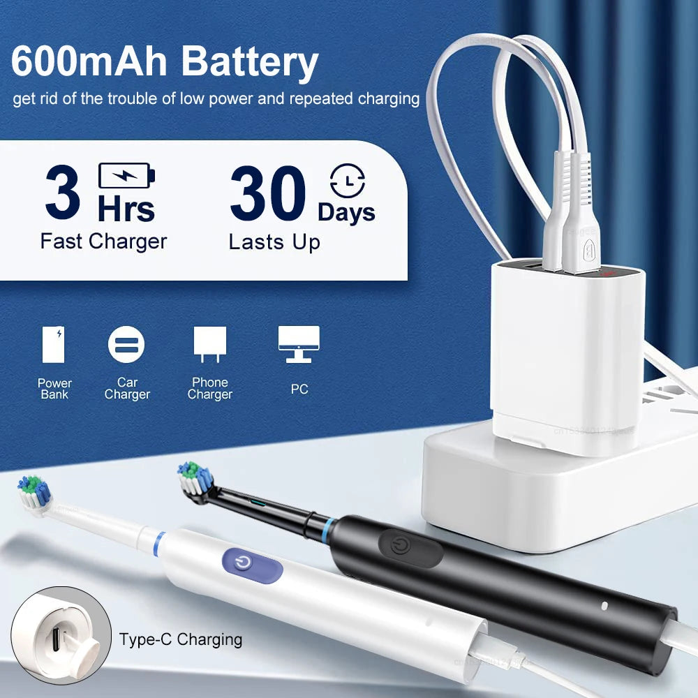 Rotary Rechargeable Electric Toothbrush for Adults – 5 Modes, 30-Day Battery, 8 Brush Heads