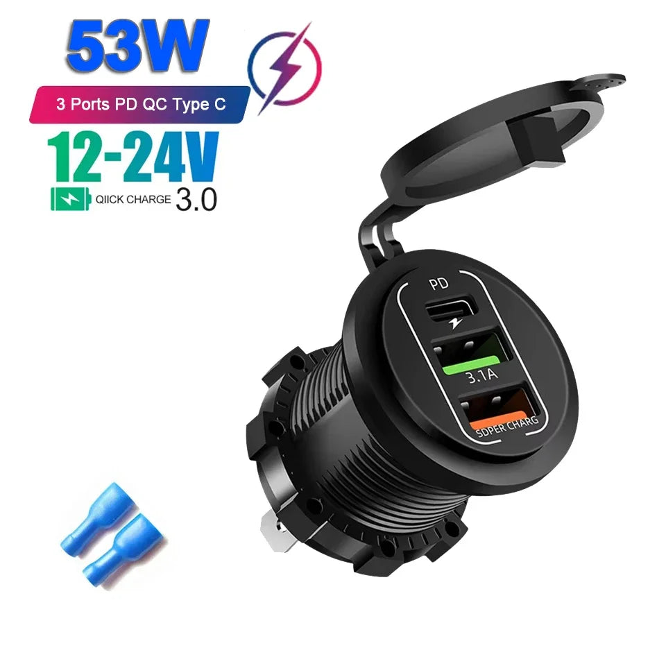Car USB Charger with Voltmeter – PD3.0 & QC3.0 Fast Charging Socket for Motorcycle, Boat & Auto (12/24V)