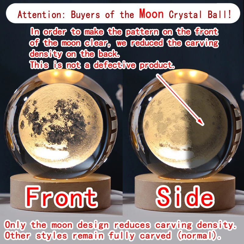 3D Crystal Ball Galaxy Night Light — LED Saturn Moon Lamp, Kids Birthday Gift